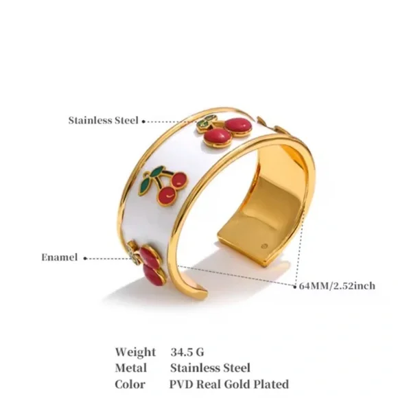 Red Cherry 18K Gold Stainless Steel Enamel Bangle Bracelet - Picture 6 of 8
